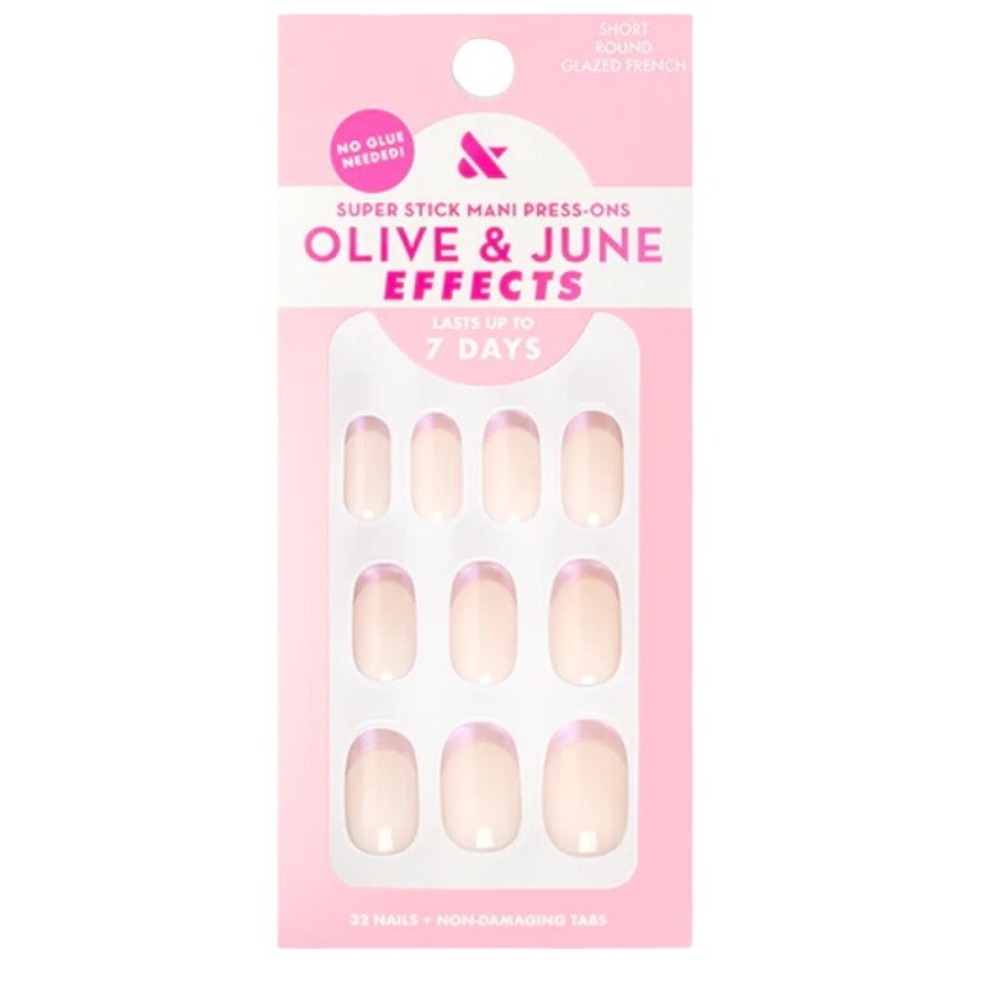 Olive & June Super Stick Mani Press-Ons Glazed French Short Round Nails 32ct New